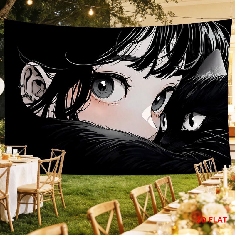 Cozy Anime Girl with Cat Tapestry, Aesthetic Wall Art for Bedroom, Living Room, Office & Meditation Space Decor