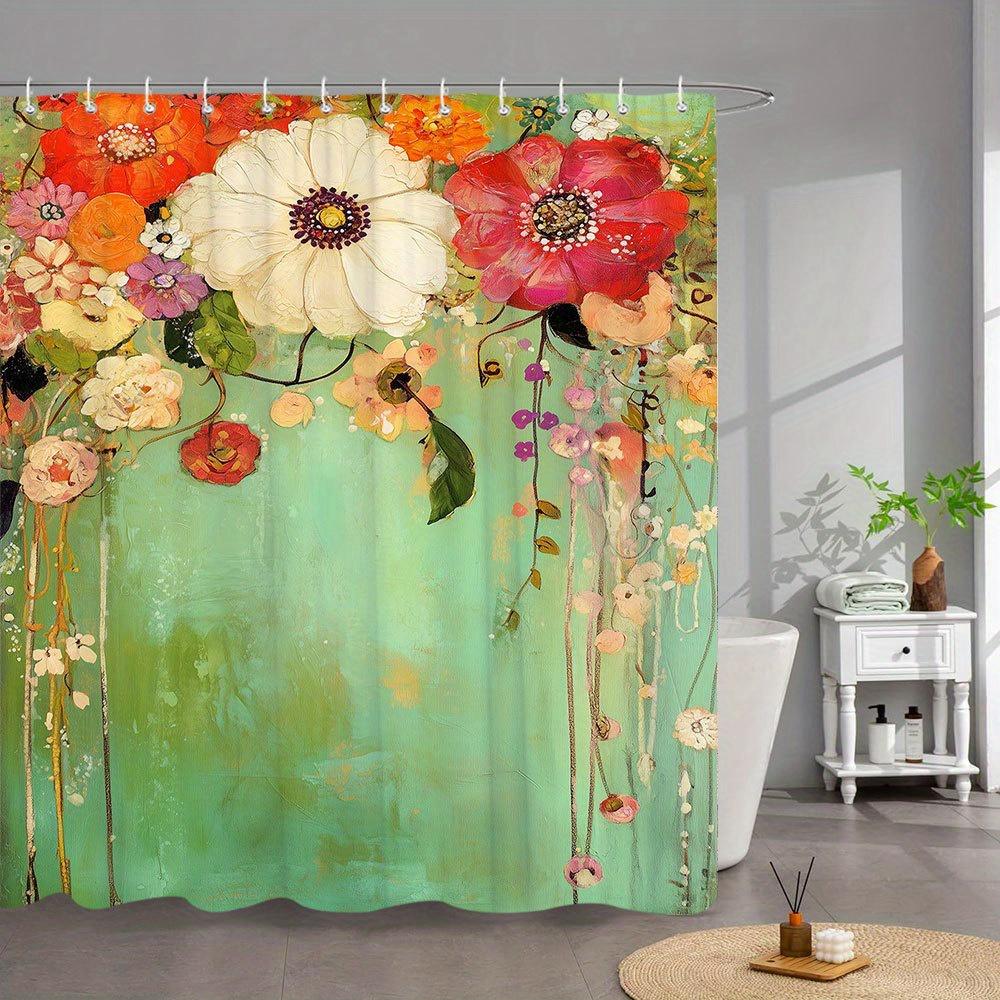 

1Pc Vibrant Abstract Watercolor Floral Shower Curtain - Red Pink Orange Flowers On Turquoise Green, 70.86X70.86 Inch Polyester W60H190(CM)-1 Pcs