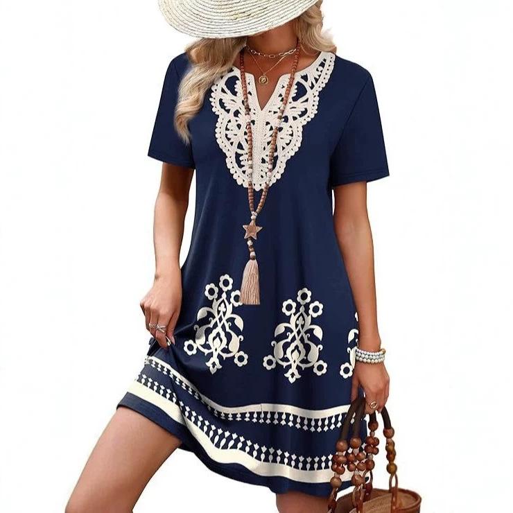 Damen V-Ausschnitt Kurzarm Etuikleid Kontrastspitze Häkeldetails Blumenprint Tunikakleid Lässiges Sommer Strandkleid
