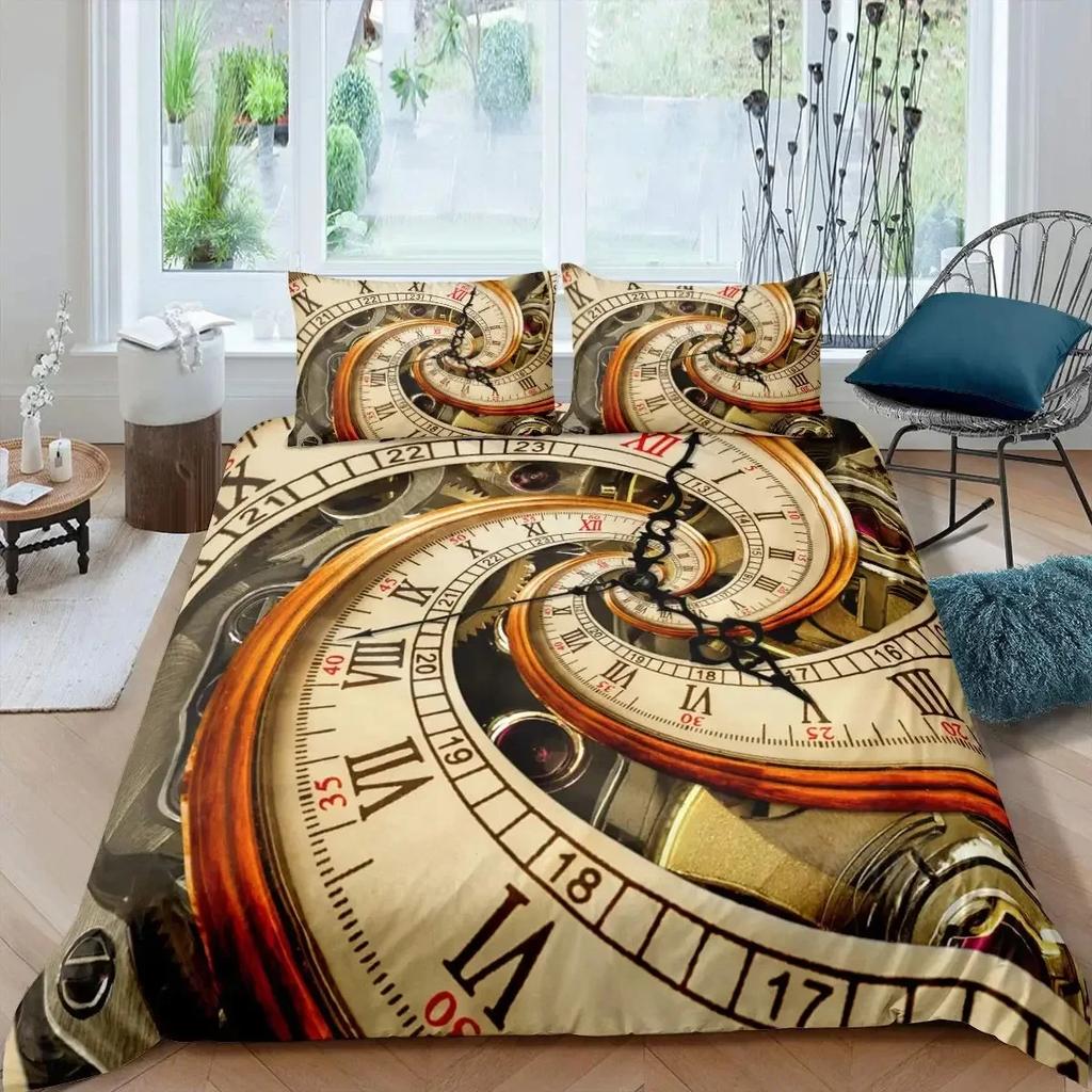 Gear Retro Golden Clock Comfortable Duvet Quilt Cover Pillowcase Bedding Set Children Bedroom Decoration Home Textile