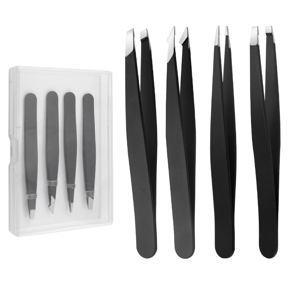 XINMEIWEN Professional Stainless Steel Hair Removal Precision Eyebrow Tweezers with Angled and for Eyebrow and Facial Hair Includes 1 Plastic Storage