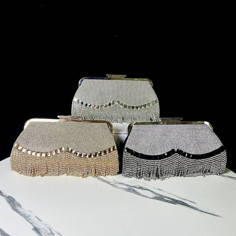 Pochette in Poliestere con Frange per Feste Serale con Manico a Catena per Eventi Formali