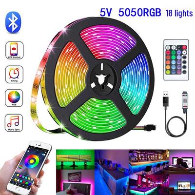 Fita LED Inteligente Bluetooth 5V: 18 Luzes RGB com Sincronização de Música e Autoadesivas