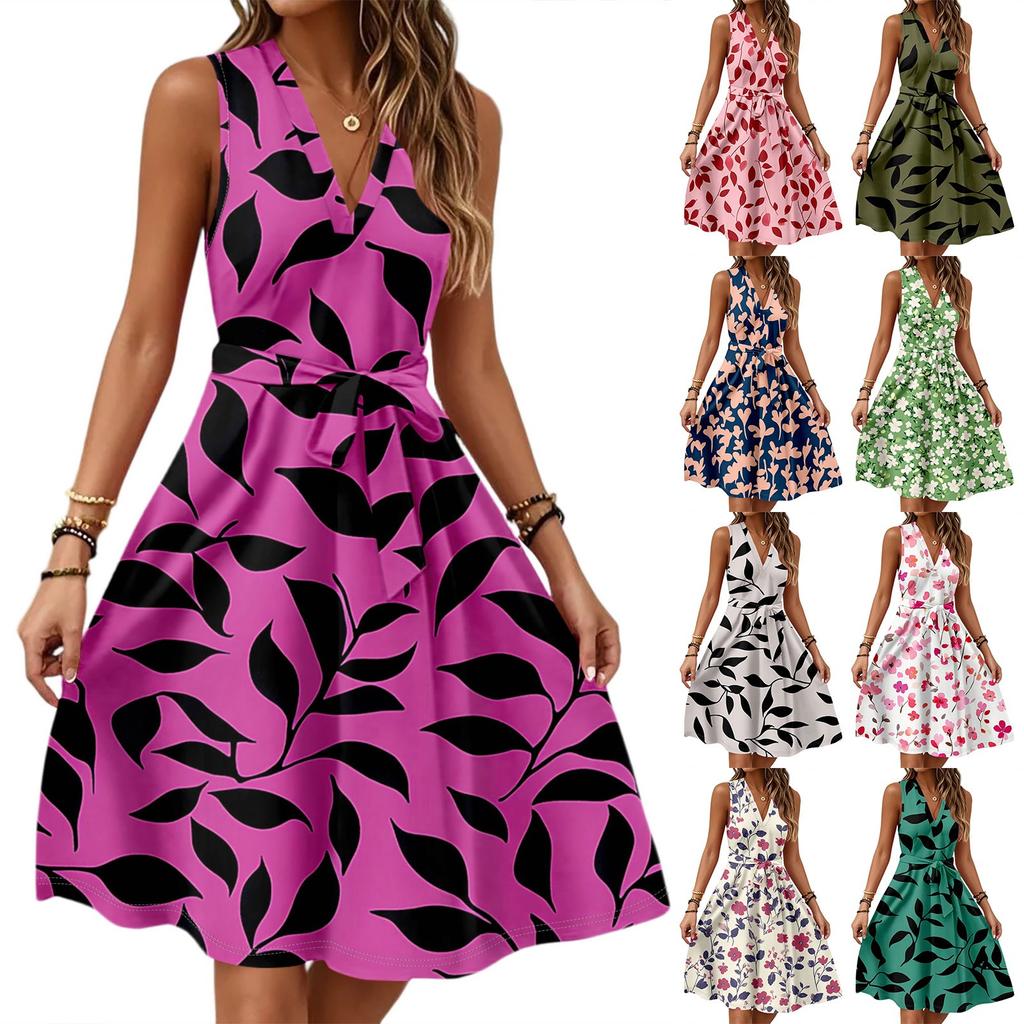 Women's Spring And Summer Casual V-Neck Sleeveless Waist Floral Print Midi Dress