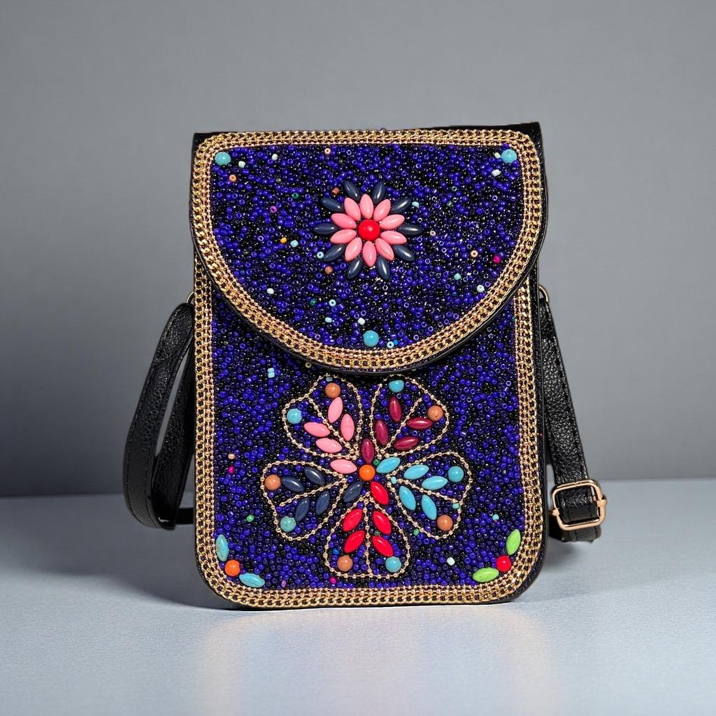 Women's Small Crossbody Cell Phone Bag Boho-Style Colorful Beaded Purse Wallet with Handmade Patterns Lightweight Cell Phone Shoulder Bag for Women