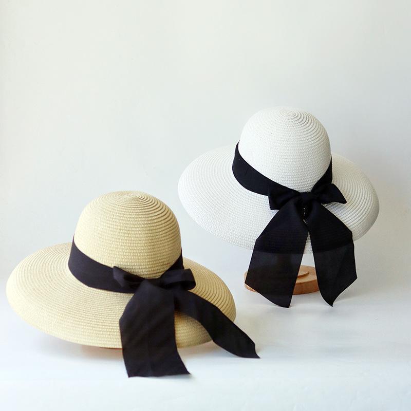 Hepburn Hat Female Black Straw Hat Sunscreen Vacation Seaside Beach Sun Hat Summer Big Brim Sun Hat Big Brim