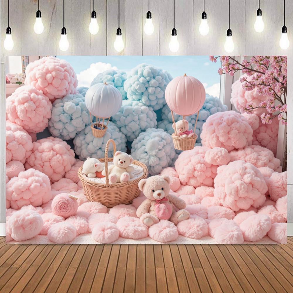 Pink Blue Dreamy Floral Clouds Photo Background Doll Bear Hot Air Balloon Newborn Baby Shower Birthday Party Decor Background14