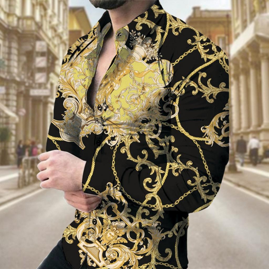 Luxury Baroque Print Long Sleeve Shirt, Stylish Trendy Men's Fashion