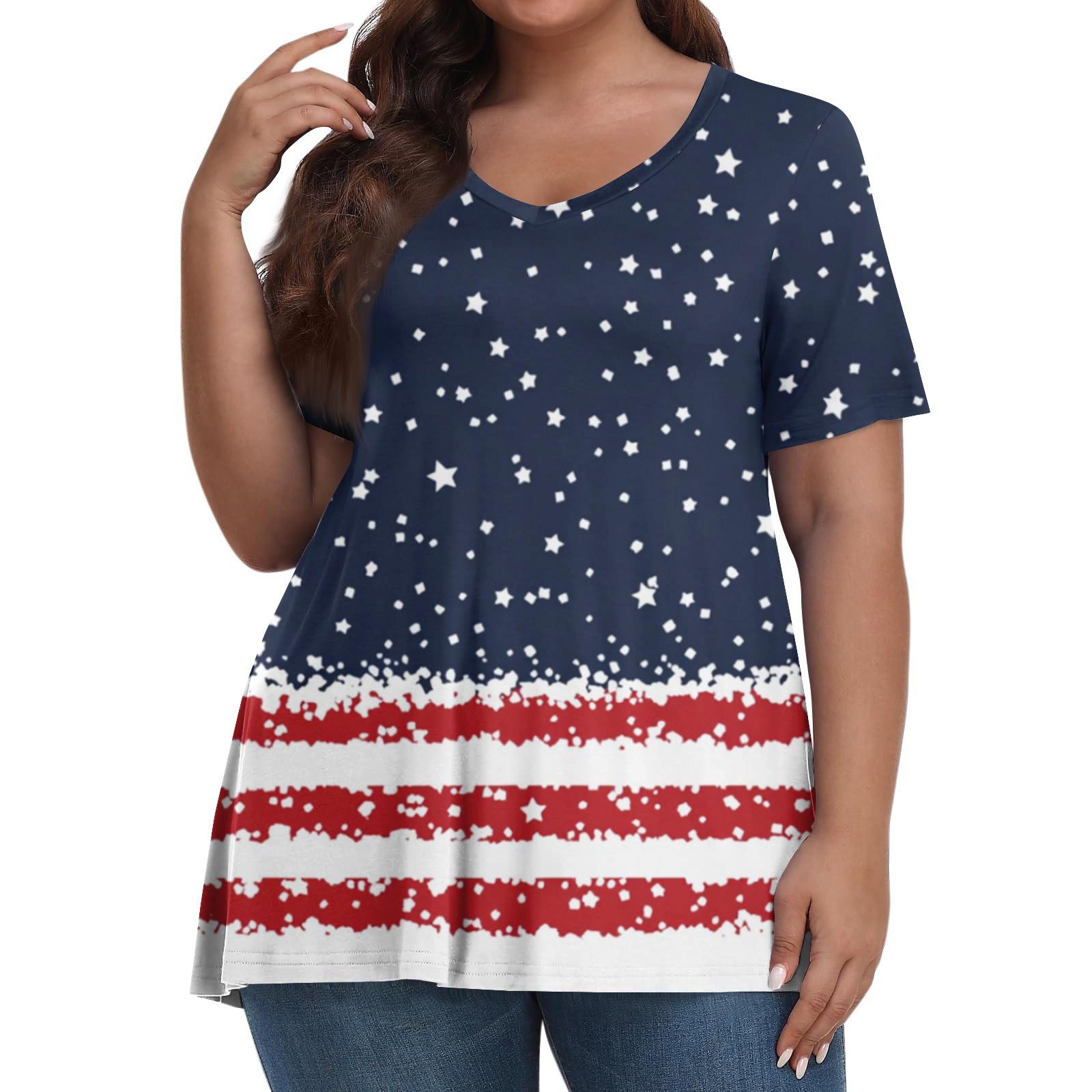 

Женская мода повседневная футболка с V-образным вырезом и коротким рукавом большого размера с принтом «День независимости» L белый