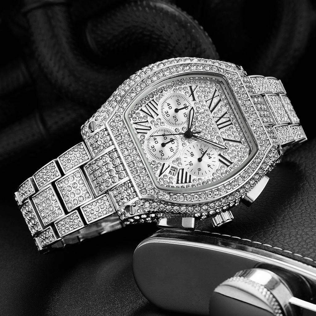 Gold Watch For Men Hip Hop Bling Bling Tonneau Quartz Watches For Large Man Waterproof Millerable Hand Clock Gift