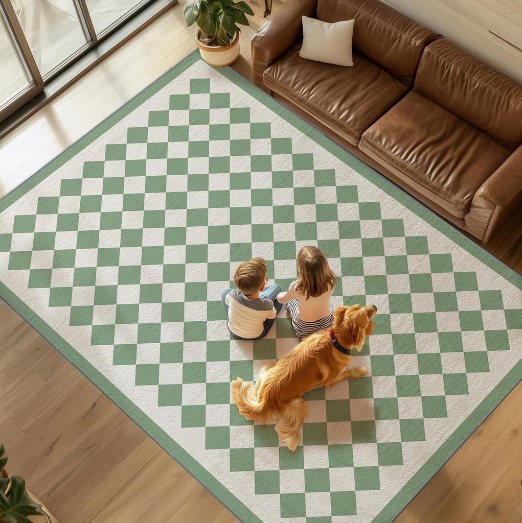 Carpet for Living Room Non-slip Machine Washable Foldable Floor Mat Green Plaid Minimalist Rug Large Size Home Decoration Mats