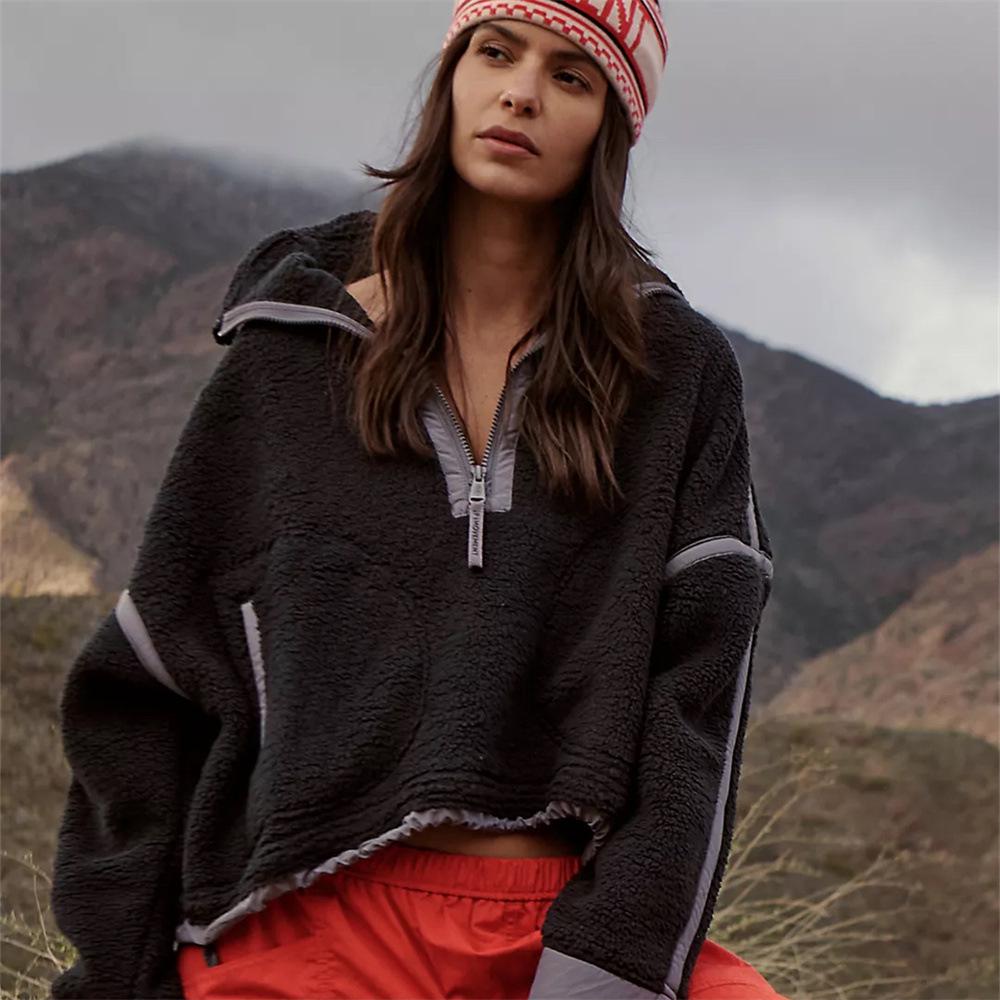 Women's Contrast Color Lamb Fleece Half-Zip Jacket - Autumn/Winter Stand Collar Plush Top