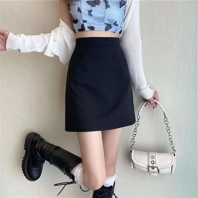 2025 Summer Black High-Waist A-Line Skirt - Anti-Exposure, Slim Fit, Versatile, Plus Size