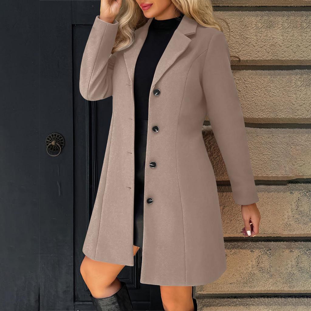 Women's Solid Color Long Sleeved Lapel Long Coat Woolen Button Coat