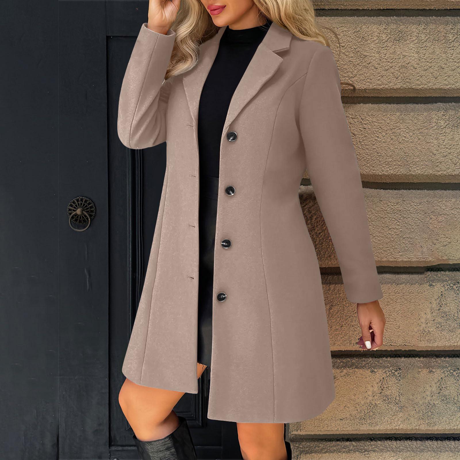 

Women s Solid Color Long Sleeved Lapel Long Coat Woolen Button Coat XL хакі