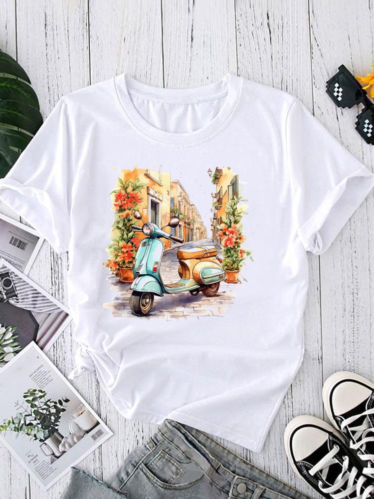(Asian Size) O-neck Short Sleeve T-shirts Fashion Female Casual Clothing love heart flower Women's Top T shirt Printed Graphic Tee