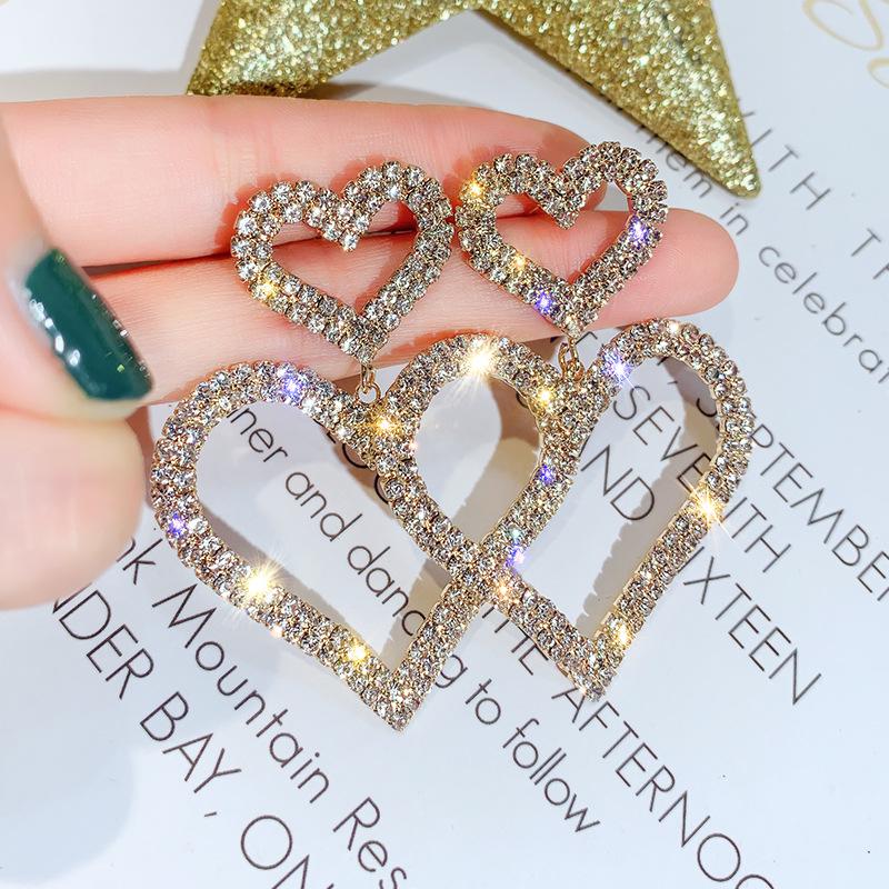 Luxury Rhinestone Earrings For Women Double Big Heart Pearl Crystal Simple Korean Statement Wedding Earring Zircon Party