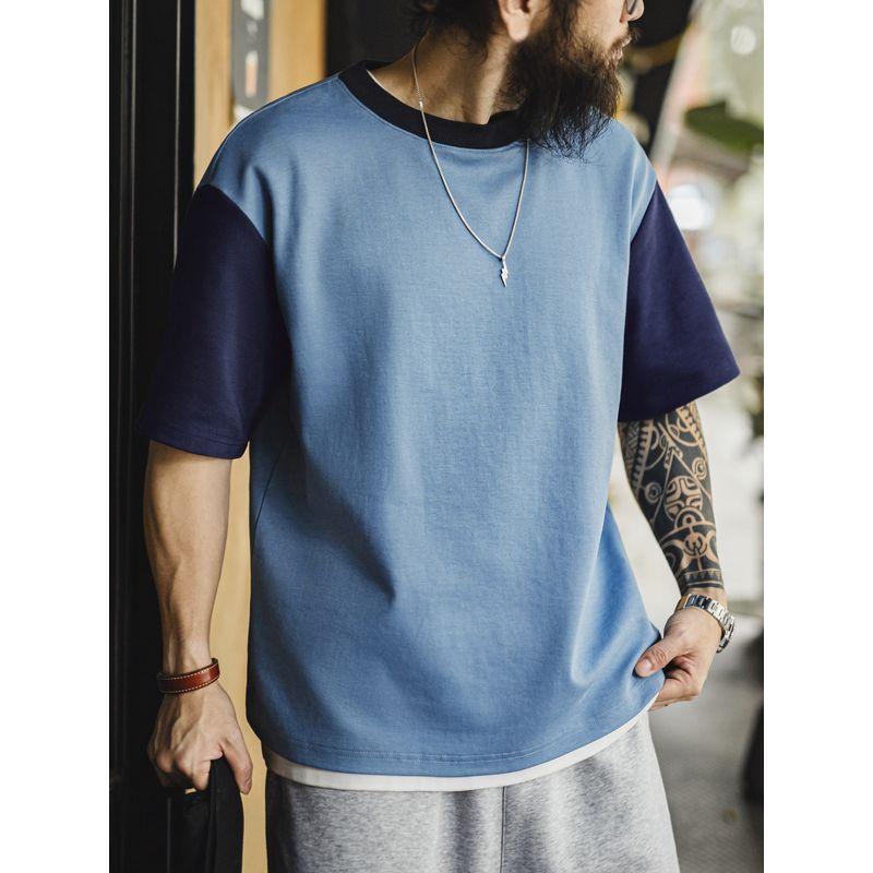 Retro Color-Blocked T-Shirt with Ribbed Neckline, Drop Shoulder Sleeves, Loose Fit, Air Layer, Contrasting Color Short-Sleeve Men's Summer Wear