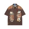 Retro Washed Denim Shirt Short Sleeve Loose American Campus Cartoon Anime Embroidery Polka Dot Shirt Men and Women