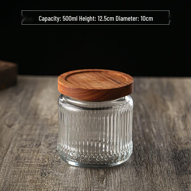 Large Glass Storage Jar with Striped Wooden Lid, Airtight & Food-Grade, Round Transparent Chinese Kitchen Collectible