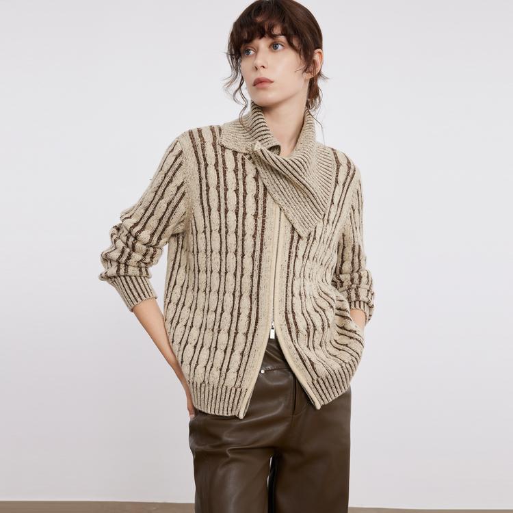 ELLE French Design Lapel Knitted Zipper Sweater Women sweater Brown EM49576