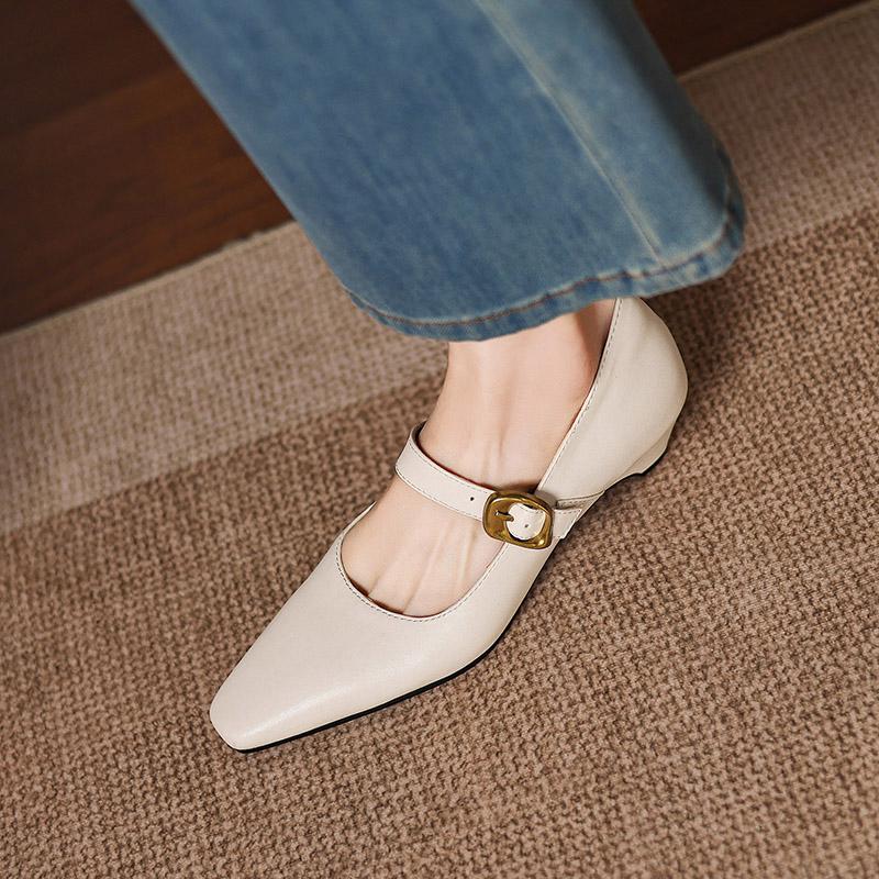 Krazing Pot Microfiber Square Toe Thick Med Heels Spring Summer Shoes Big Size 43 Metal Buckle Beauty Women Shallow Pumps