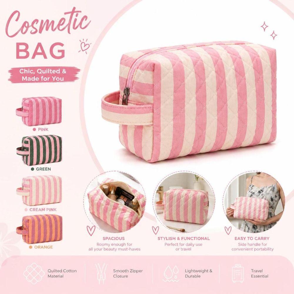 Zip Top Cosmetic Bag Striped Makeup Organizer Reusable Storage Bag Daily Use