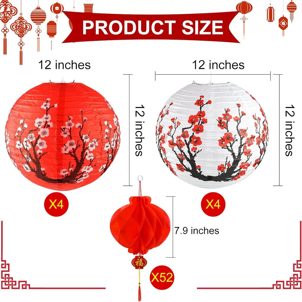 60 Pieces Chinese Japanese Paper Lantern Includes 8 Cherry Blossom Japanese Paper Lantern 52 Chinese Red Lanterns 12 Inches Red Cherry Flowers Paper