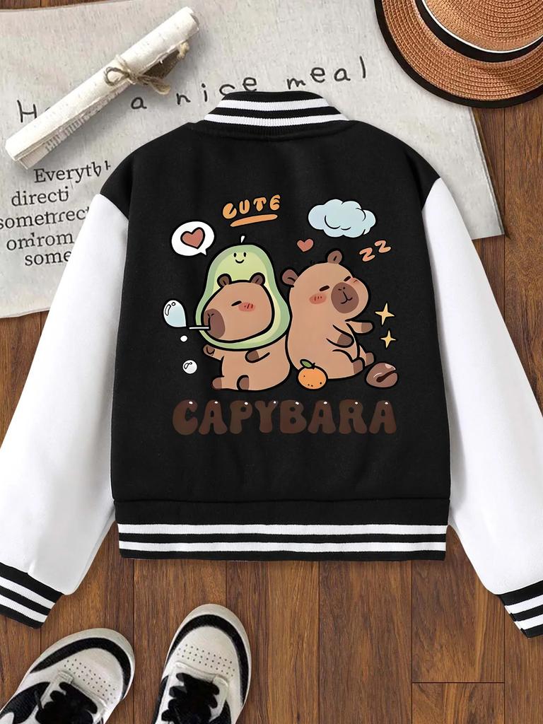Girls Cute Capybara Graphic Baseball Jacket, Halloween Christmas Theme, Casual School Sports Kids Coat