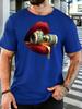 Unisex Crew Neck Tee Red Lips Bite Dollar Bill Trendy Art Graphic Print Short Sleeve Top Summer Loose Soft Casual Basic Daily Wear