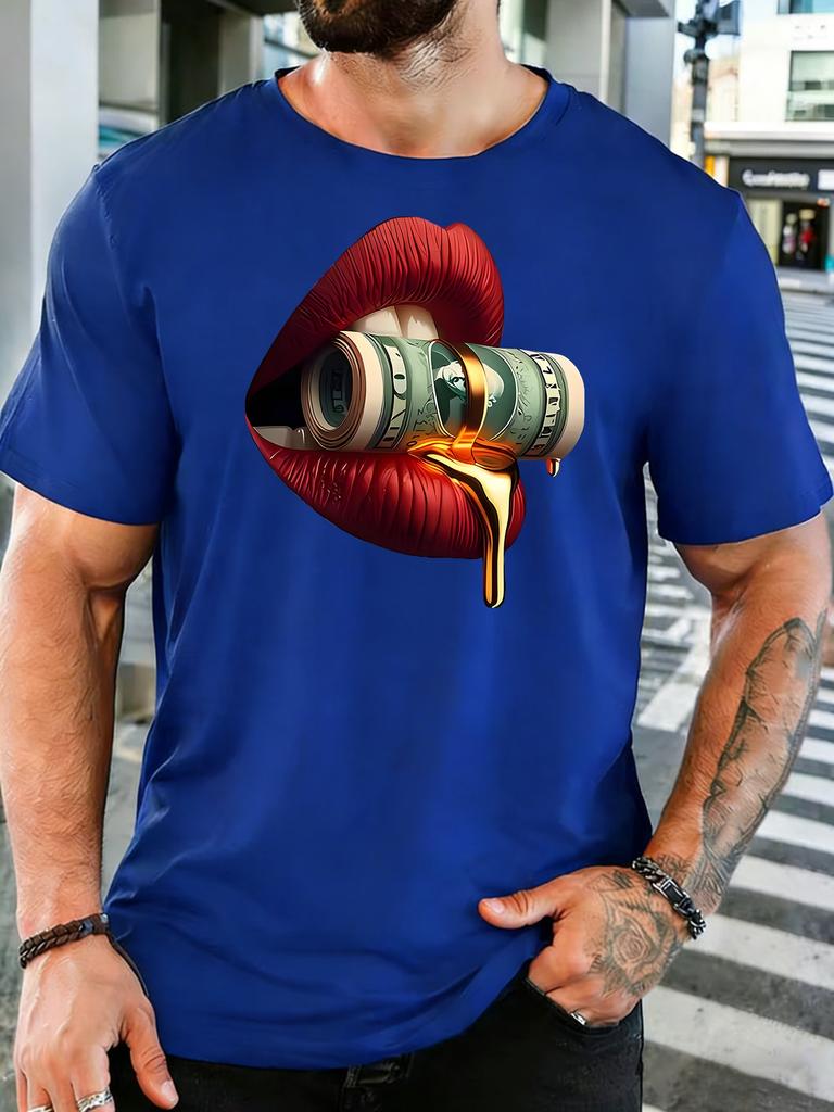 Unisex Crew Neck Tee Red Lips Bite Dollar Bill Trendy Art Graphic Print Short Sleeve Top Summer Loose Soft Casual Basic Daily Wear