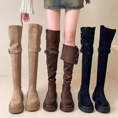 Retro Autumn and Winter Trend Two Wear Fold-over Thick-soled Western Boots Thick Heel Knee Boots Knight Boots