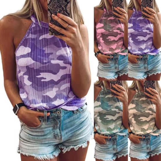 

Women Vest Sleeveless Camouflage Print Halter T-shirt Blouse for Daily Life