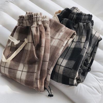 Pantalon à carreaux pour femme avec taille élastique et cordon de serrage, pantalon ample à poches et à carreaux vichy