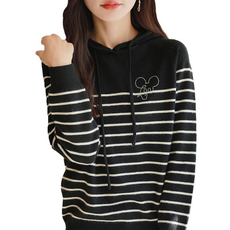 Autumn and Winter Hooded Sweater Women's Outer Thickened Fashion Knit Sweater Stripes Yanqi Thin Hooded Sweater