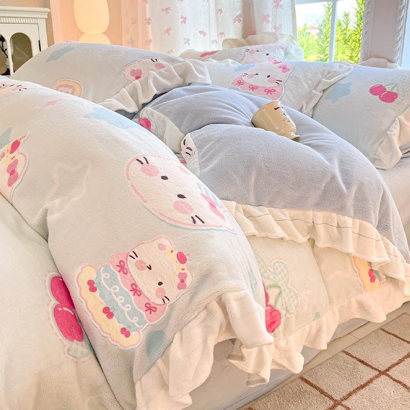 Thickened Milk Fleece Four-Piece Set, Lace Coral Fleece Quilt Cover, Bedding Fleece Bed Sheet Three-Piece Set