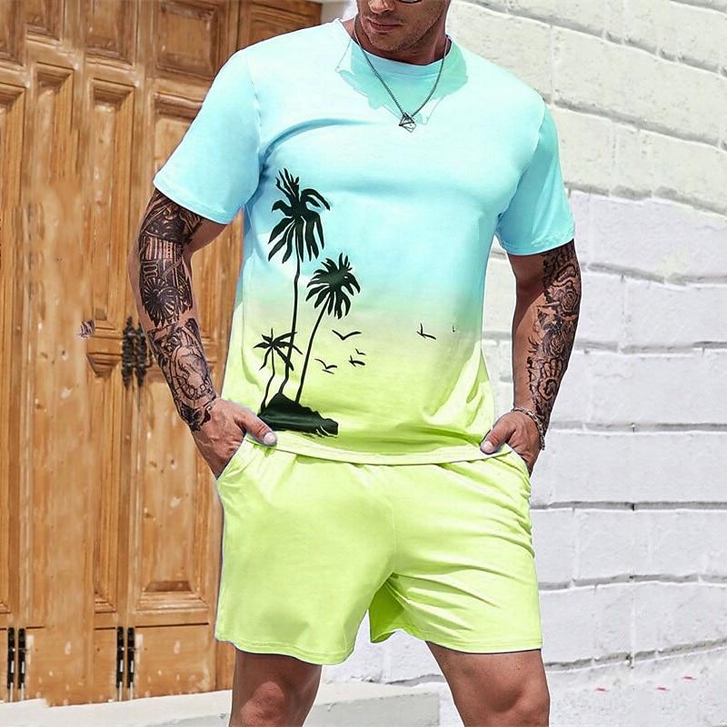 Men's Graphic Color Block Coconut Tree 2pcs Tees sets Casual Comfortable Outdoor Vacation Daily