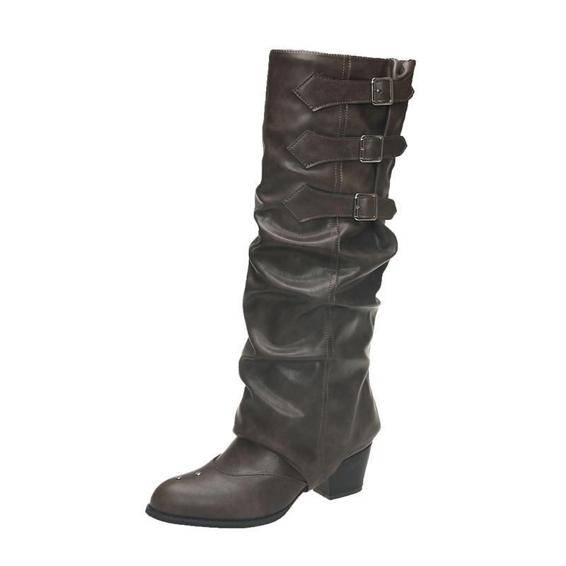 Fashion Knee-high Square Heel Modern Boots Autumn Slip-on Ladies Shoes On Sale 2025 High Quality Pointed Toe High Heel Punk Women Boots