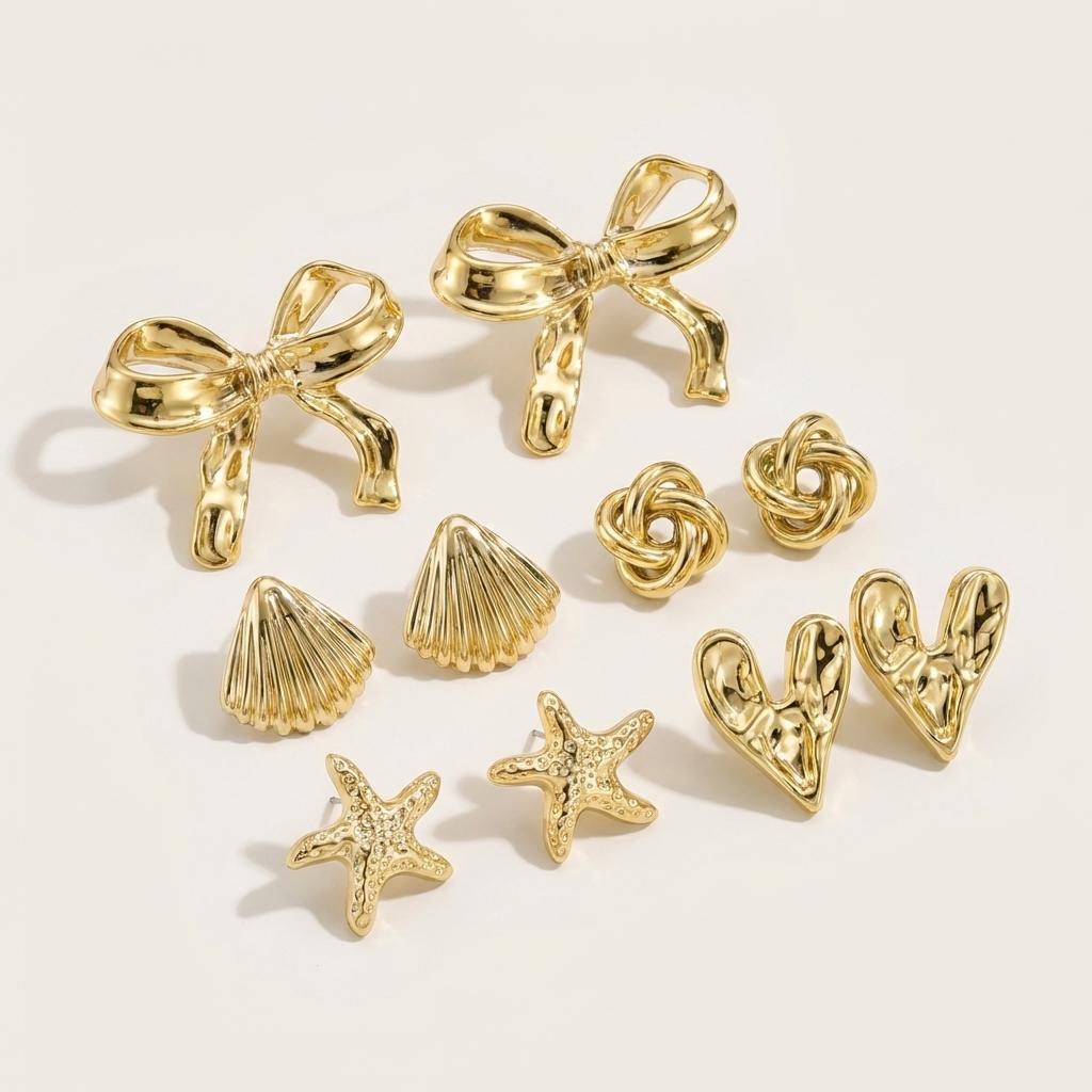 Gold Color Starfish Shell Combination Stud Earrings Set for Women Metal Scallops Conch Bow Knot Earring Boho Party Jewelry