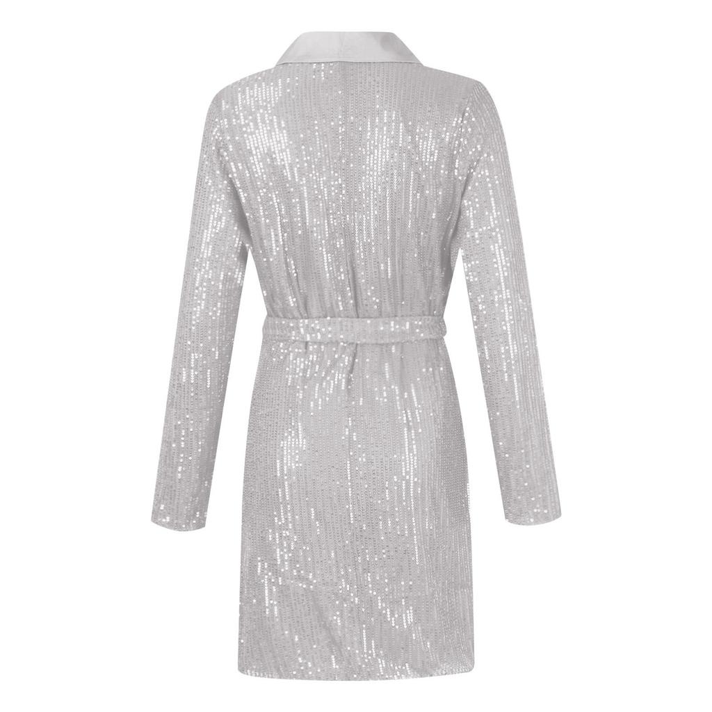 Women's Fashion Solid Color Long Sleeved Strapping Sequin Waistband Dress