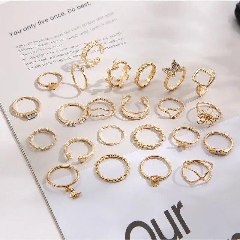22PCS/SET Korean Exquisite Hollow Butterfly Heart Flower Knuckle Rings Set For Women Men Trendy Geometric Leaf Ring Jewelry Gift