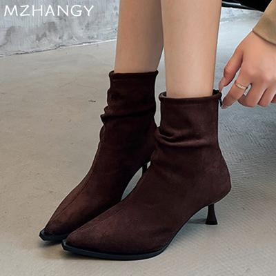 Mode Spitzschuh Damen Stiefeletten Wildleder Sexy Mittelhoch Elegant Schuhe Frau 2024 Trend Neu Schneestiefel Pumps Winter Fad Mujer Botas
