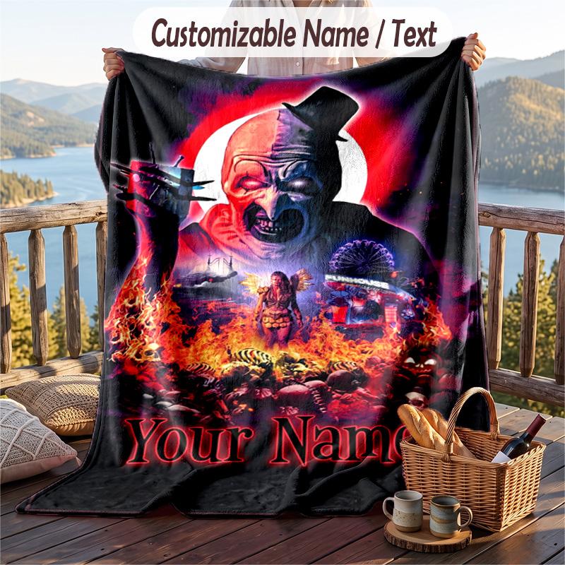 Custom Text Flannel Throw Blanket, Lightweight Cozy Bed Sofa BlanketTerrifier Art the Clown