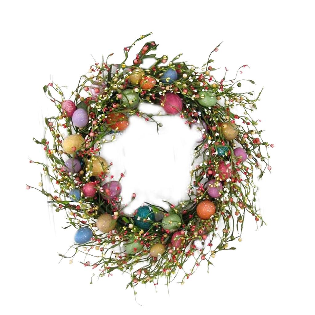 Easter Wreath with Pastel Eggs Front Door Wall Hanging Artificial Green Leaves Garland for Party Holiday Home Garden Decoration