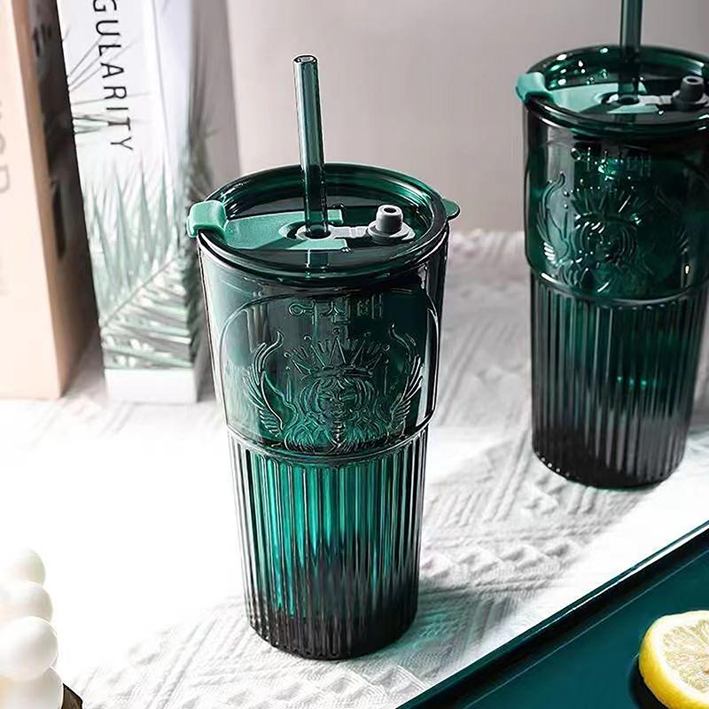 Large Capacity 600Ml Coffee Glass Straw Cup Dark Green Goddess Model Water Cup