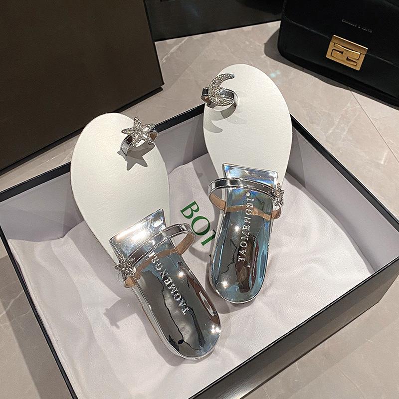 The Same Style, the Light of the Stars and the Moon~ the Stars and the Moon Diamond Buckle Mandarin Duck Slope Heel Set Toe Slippers Sandals Outside