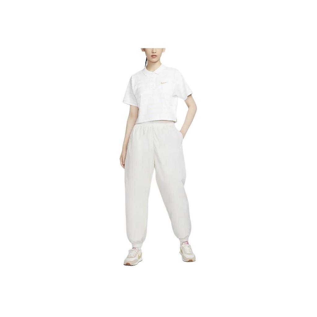 Nike Sportswear Logo Embroidered Striped Pattern Polo Neck Short Sleeve Drop Shoulder T-Shirt Women T-Shirts White HM4649-100