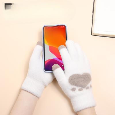 New Women's Double Layer Warm Knitted Gloves Winter Coldproof Plus Fleece Thickened Cute Cartoon Touch Screen Gloves