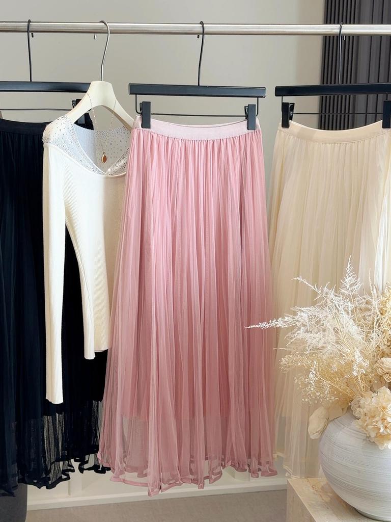 Flowy Super Fairy Mesh Patchwork Midi Skirt for Women - High Waist Slimming Mid-Length Skirt, 2026 Spring/Summer Collection