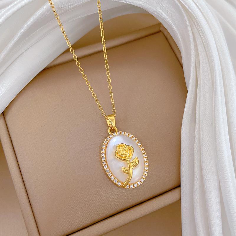 Stainless Steel Chain Necklace Vintage Moonstone Zircon Oval Pendant Rose Flower Necklace for Women Girls Fashion Jewelry Gifts